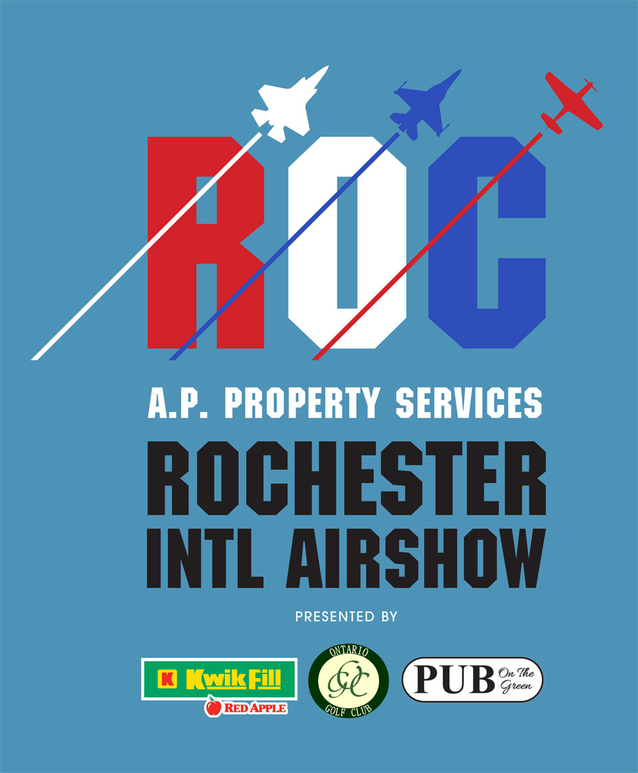 R in red O in white C in blue with white, blue and red planes flying through letters, A.P Property Services in white letters, Rochester International Airshow in black letters, all on blue background with logos for Kwik Fill green background with yellow letters, Ontario Gold Club green and cream circle with green and cream letters, Pub on the Green black letters on white oval.